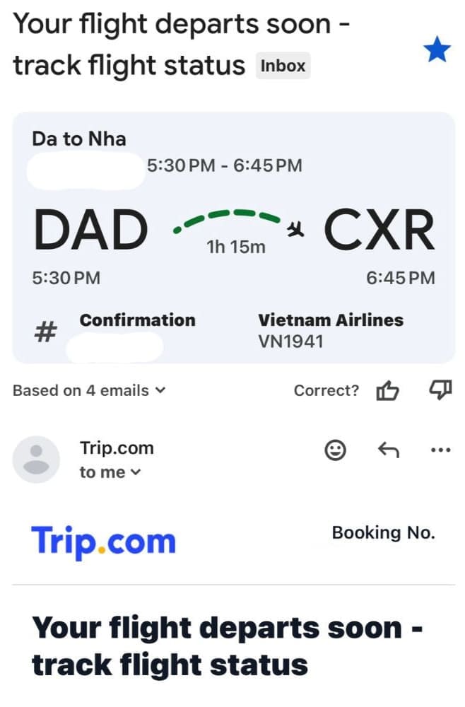 danang-airport-vietnam-airlines-domestic-review 다낭 공항 베트남항공 국내선 이용 후기 - 트립닷컴 항공권 확정 메일 스크린 샷